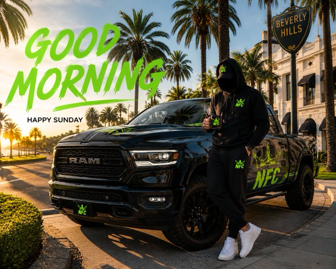 The image features a black truck with green accents, parked next to palm trees along a street. A person wearing a hoodie and white sneakers stands near the truck, possibly posing for a photo or waiting for someone. The background includes a building and a sign that reads "Good Morning".