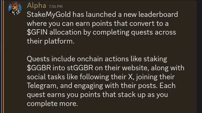 A Discord message from user 'Alpha' at 7:56 PM announcing that StakeMyGold has launched a leaderboard for earning $GFIN allocations through quests involving staking $GGBR and social tasks.