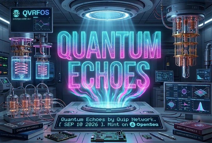 A vibrant, cyberpunk-style digital poster for 'QUANTUM ECHOES' by Quip Network, featuring glowing neon pink and blue text in a futuristic laboratory setting with the text '[ SEP 10 2026 ] Mint on OpenSea'.