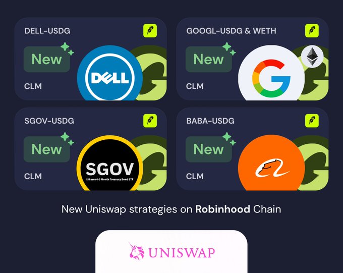 A promotional graphic advertises "New Uniswap strategies on Robinhood Chain" featuring four new trading pairs: DELL-USDG, GOOGL-USDG & WETH, SGOV-USDG, and BABA-USDG.