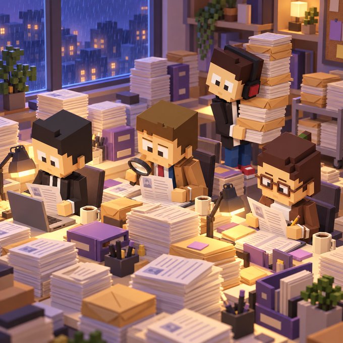 A 3D voxel-style scene depicting four blocky characters working in a cluttered office overflowing with stacks of papers, envelopes, and files, with a rainy city view through the window.