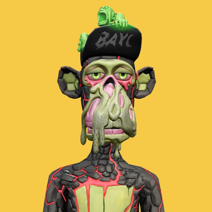 A 3D-rendered Bored Ape-style NFT character with melting green flesh, a 'BAYC' cap with a green ape on top, and red lava-like cracks across its dark rocky body.