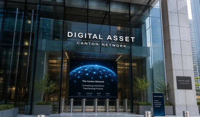 The entrance of a modern glass office building displays signage for 'DIGITAL ASSET' and 'CANTON NETWORK', with a digital screen promoting the network for connecting institutions and transforming finance.