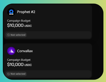 A dark-themed app interface displays two campaigns: 'Prophet #2' and 'Convallax', each showing a campaign budget of $10,000 USDC in a 'Not selected' state.
