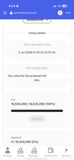 A mobile screenshot from portal.flare.network showing voting details for the new STP-13 proposal on Songbird (SGB), with the user having voted in favor (16,520,269 votes / 100%) ahead of the calculation time on 4 Jul 2026. The image illustrates the post's call to action by showing an example of an SGB holder's successful vote on the proposal.