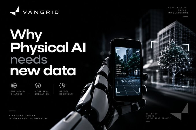 A promotional graphic for VanGrid titled "Why Physical AI needs new data," featuring a robotic hand holding a smartphone that displays an augmented reality view of a city street, with additional text including "Real World Fuels Intelligence" and "Built for a more intelligent reality."
