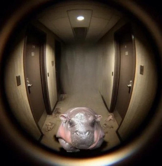 A view through a peephole shows a small hippopotamus figurine sitting on the floor of a dimly lit hallway between numbered doors.