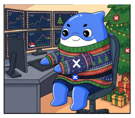 A cartoon illustration shows a blue shark mascot wearing a festive Christmas sweater and bandana, sitting at a desk trading cryptocurrency in front of multiple monitors with stock charts, alongside a decorated Christmas tree and presents.