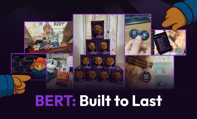 The image features a collage of various photos related to the brand "BERT" with different elements such as a teddy bear, a dog, and other objects like cars and buildings. The collage also includes text that reads "BERT: Built to Last". This suggests that the images are part of an advertisement or promotional material for BERT products, showcasing their appeal and how they connect to people's lives.