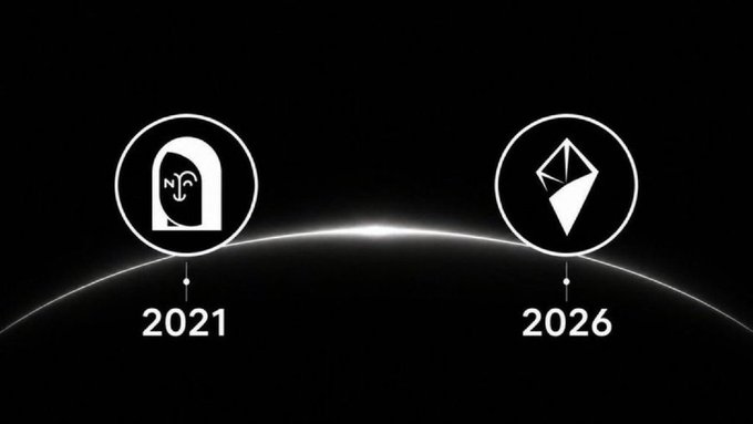 A minimalist black-and-white graphic showing two icons connected by a glowing arc over a horizon, labeled '2021' and '2026' below circular logos.