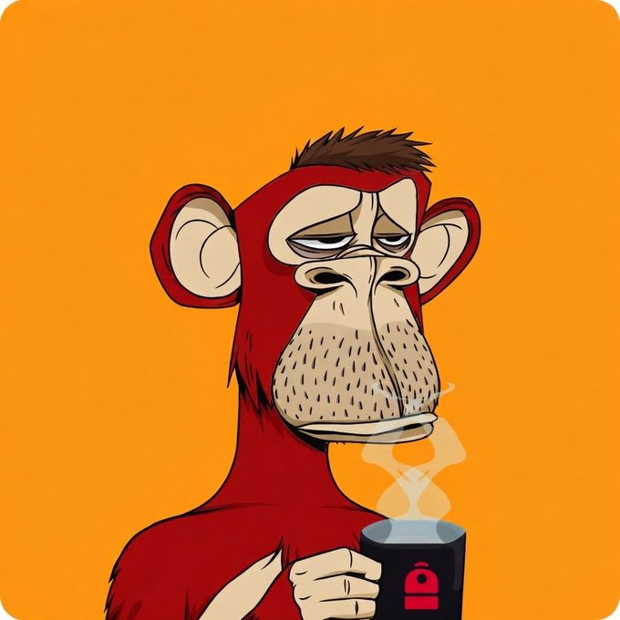 The image features a cartoon monkey holding a cup of coffee, with its face twisted in a funny expression as if it's making a silly face or being mean. The background color is orange, which contrasts with the red body of the monkey. There are no other texts or objects present in the image, and the focus is solely on the monkey and its interaction with the cup of coffee.