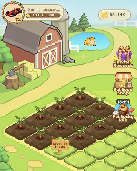 Pixel-art farming game screenshot showing a farm with a barn, pond, frog, and carrot crop field for user 'Kevin Rober' (level 20, 134/19.30K), with options to Expand, visit Pet Food Shop, and enter a Pet Lucky Run.