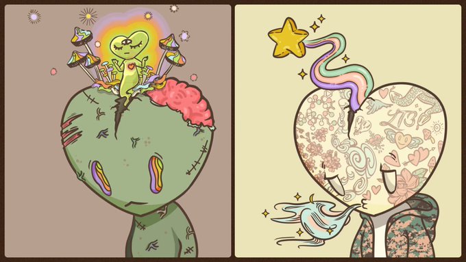 Two-panel cartoon illustration showing a sad stitched-together green creature on the left with a small glowing figure emerging from its head, and a patterned heart-headed character exhaling rainbow vapors on the right.