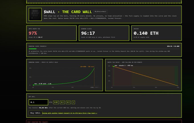 A screenshot of "The Card Wall" ($WALL) token dashboard showing a 97% anti-sniper tax, 96:17 countdown timer until live trading, and a bonding curve pricing mechanism currently locked, matching the post's warning about the high tax rate on this newly launched token.