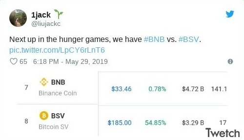 This image shows a tweet from May 29, 2019, comparing #BNB (Binance Coin) and #BSV (Bitcoin SV) and their market data. The accompanying post claims BSV was blackballed from the top 10 by "scam coins" despite being the "one and only true blockchain tech."