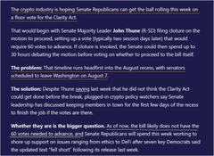 A news headline reads: "The crypto industry is hoping Senate Republicans can get the ball rolling this week on a floor vote for the Clarity Act."
