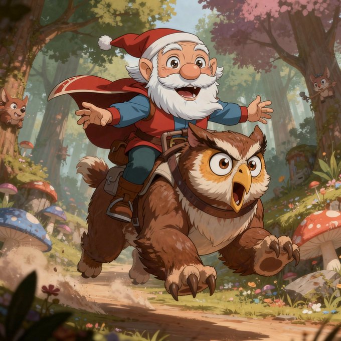 A whimsical illustration of a Santa-like character riding on the back of a large brown owl through a colorful forest with mushrooms and small squirrels watching.