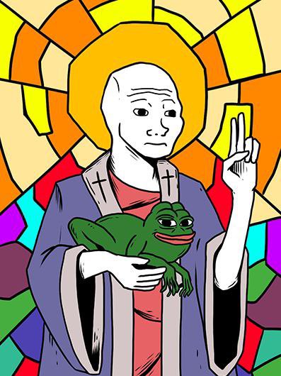 The image features a cartoon illustration of a white man wearing a robe, holding a frog with big eyes and a smile. The background consists of a stained glass window with various colors, creating an artistic and vibrant scene. The caption below the image reads "focus on what is in the image and how it relates to the post".
