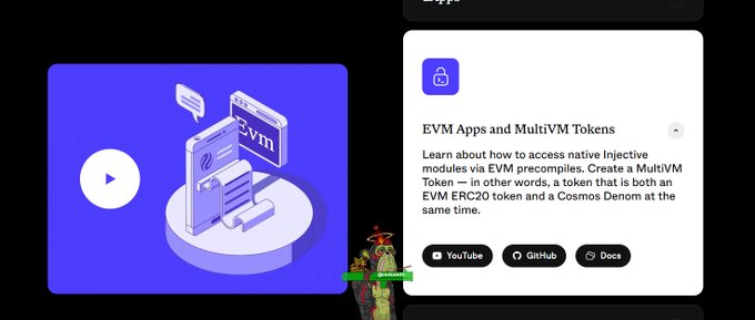 A digital interface showcasing a video thumbnail about 'EVM Apps and MultiVM Tokens' with links to YouTube, GitHub, and Docs.