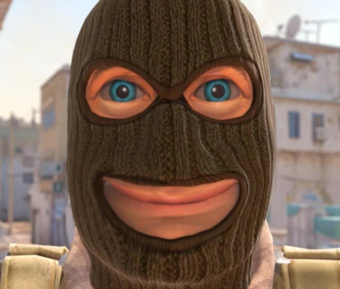 A surreal 3D-rendered character wearing an olive green knitted balaclava that reveals only bright blue eyes and smiling lips, set against a backdrop of Mediterranean-style buildings.