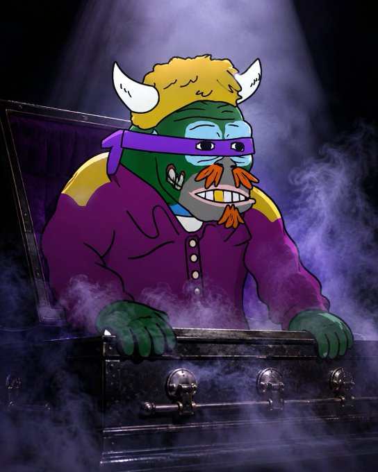 An illustration depicts a green-skinned cartoon villain character with horns, an orange mustache, and a gold tooth, emerging from a smoky coffin wearing a purple shirt and mask.