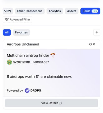 A BaseScan interface showing the "Cards" section displaying an "Airdrops Unclaimed" card that reveals 8 airdrops worth $1 are claimable now via the Multichain airdrop finder tool powered by DROPS. The image illustrates the newly available feature for tracking unclaimed airdrops across multiple networks on BaseScan.