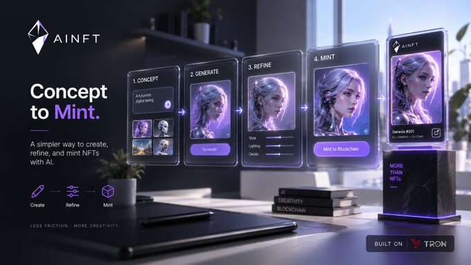 A promotional banner for 'AINFT' titled 'Concept to Mint,' showing a 4-step AI workflow (Concept, Generate, Refine, Mint) for creating NFTs on the Tron blockchain.