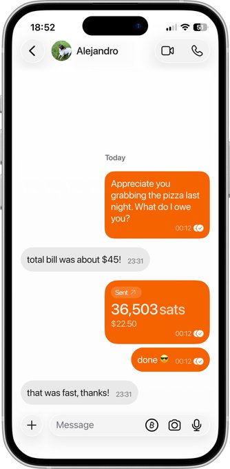 A smartphone text message conversation with Alejandro showing a Bitcoin payment of 36,503 sats (worth $22.50) sent as thanks for grabbing pizza the previous night.