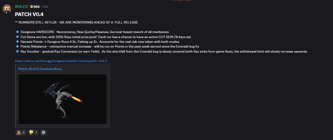 A Discord post titled "PATCH v0.4" from user BENJI announces new game mechanics including "Dungeons HARDCORE," "Dirt Gems," "Genesia Points," "Puerta Rebalance," and "Key Voucher" for the game Numblns Still In Flux.