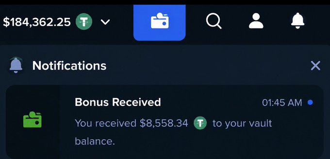 The image shows a notifications panel displaying a "Bonus Received" alert, indicating that $8,558.34 USDT was added to the user's vault balance, along with a current vault balance of $184,362.25 USDT.

This screenshot serves as visual proof of the $8,558 bonus claim made in the accompanying post, which announces the bonus received from Stake casino and promises a $500 giveaway to followers.