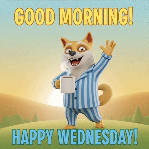 The image features a cartoon dog wearing pajamas holding a coffee cup, standing on a grassy field under a sunset sky. The text "Good morning! Happy wednesday!" is displayed above the scene, indicating that today is the weekend. The image seems to be promoting a message about enjoying life and taking time off from work or daily routines during weekends.