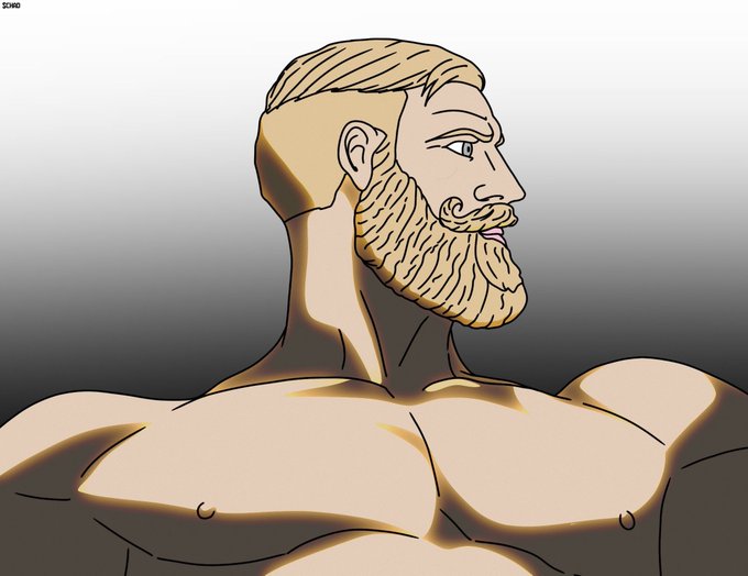 A digital drawing shows a profile view of a muscular, shirtless man with blond hair and a thick beard against a gradient background.