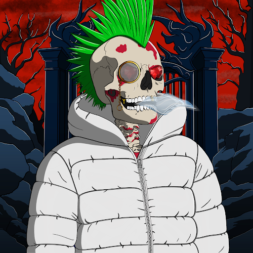 A cartoon illustration of a punk-styled skull character with a green mohawk, wearing a white puffer jacket and a chain necklace, set against a dark red background with bare trees and a gate. This appears to be a Solana NFT avatar, likely from the Graveyard Mint collection (@gravemint) being promoted in the Twitter Space announcement.