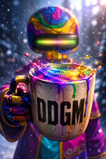 A vibrant digital artwork of a rainbow-colored robotic astronaut holding a metallic mug labeled 'DDGM' that is splashing with colorful rainbow liquid in a snowy setting.