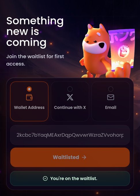 The image shows a phone screen displaying a sign-up page for a new wallet address called "BONKUJI Inspired by Japanese Pokémon oripa culture", with the message that joining the waitlist will give users access to this feature. A cartoon image of a fox is also visible on the screen, adding to the user experience. The text in the image states that users are now on the waitlist and can benefit before the platform goes live.