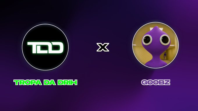 A promotional graphic on a purple background featuring a collaboration between 'TDD TROPA DA DRINH' and 'COOBZ' with a 3D cartoon character in a purple alien-like suit.