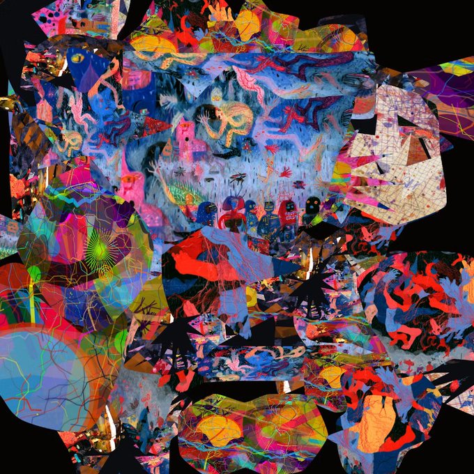 A vibrant, chaotic digital collage featuring overlapping shapes, abstract patterns, and colorful imagery in red, blue, and yellow tones.