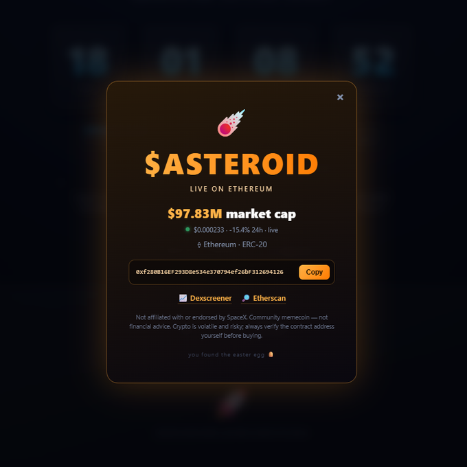 erscreener.com is the website for Asteroid, a cryptocurrency exchange with a market cap of $9.83M and a total of 50 tokens.