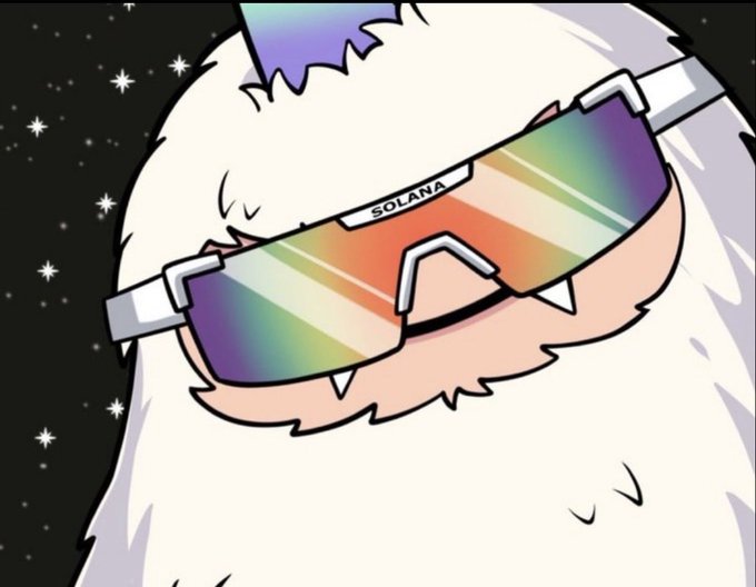 A cartoon fluffy white character wearing rainbow-reflective sunglasses labeled 'SOLANA' against a starry black background.
