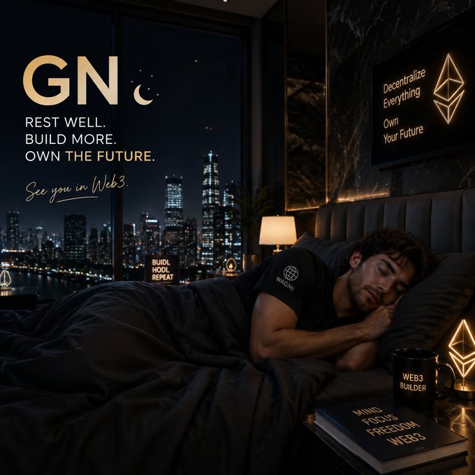 A man sleeps peacefully in a modern bedroom with a nighttime city skyline view, surrounded by Web3-themed décor including a glowing Ethereum logo, a mug labeled "WEB3 BUILDER," a book titled "MIND FOCUS FREEDOM WEB3," and a sign reading "BUILD HOLD REPEAT." Text overlay reads "GN · REST WELL. BUILD MORE. OWN THE FUTURE. See you in Web3," visually reinforcing the post's message of resting well to recharge for tomorrow's building efforts.