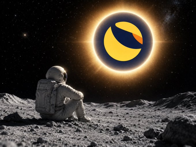 An astronaut sits on the lunar surface gazing at a glowing Terra Classic ($LUNC) logo eclipsing the sun, symbolizing the patient's wait for LUNC's massive breakout. The cosmic scene visually reinforces the post's call for retweets from those patiently awaiting the token's surge.