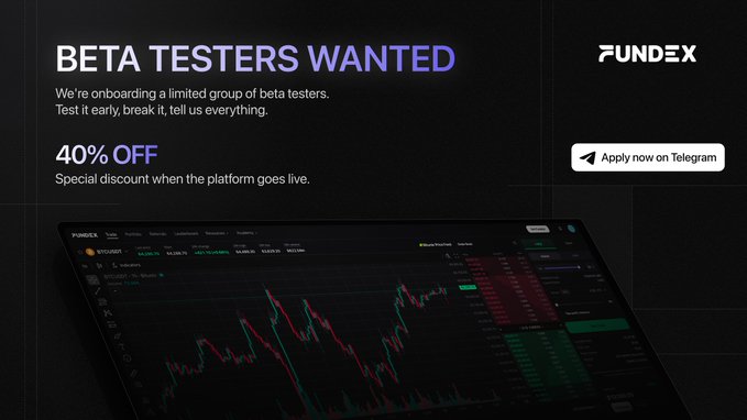 A dark promotional graphic for Fundex advertising a beta testing program, featuring the headline "BETA TESTERS WANTED," a "40% OFF" special launch discount, and an "Apply now on Telegram" button alongside a preview of a cryptocurrency trading chart interface displaying BTC/USDT candlesticks. The image visually reinforces the post's call for early platform testers by showcasing the actual Fundex trading dashboard they would help test.