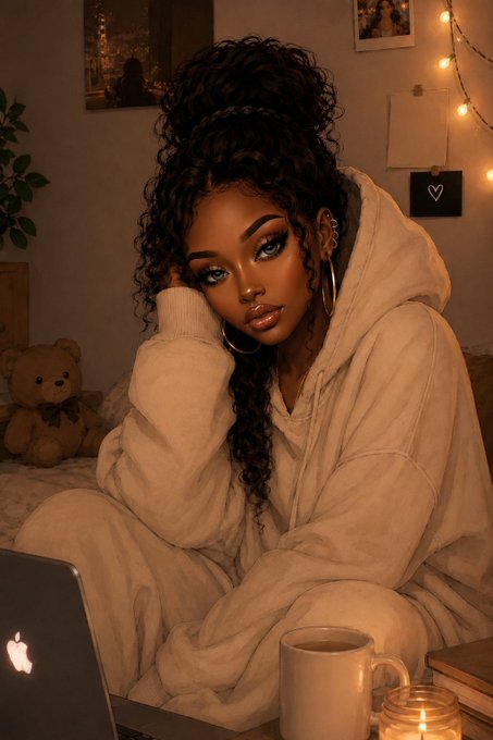 An illustrated portrait of a woman with curly hair in a high ponytail, wearing a beige hoodie, sitting on a bed with a teddy bear, laptop, and lit candle nearby.