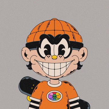 A cartoonish character with an oversized orange cap, a colorful pinwheel badge on its shirt, and a wide toothy grin appears in the image, fitting the playful and artistic vibe of the highlighted NFT projects like @normiesART, @npconchain, and @wacky_ville.
