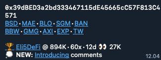 A dark blue background displaying various cryptocurrency tickers and pairs, including '0x39dBE39a2bD3334671156E456665cC57FB1364', '57:1', 'BSD•MAE•BLO•SGM•BAV', 'BRW•GMG•AXI•EXP•TW', 'Eli5DeFi @ 894K', and 'NEW: introducing comments' with a date of '12.04'.