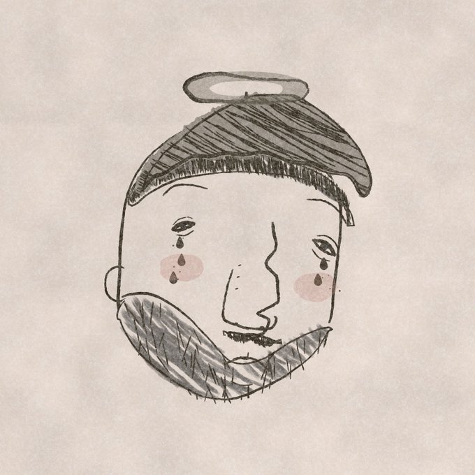 A simple, stylized line drawing of a man's face with a beard, mustache, and halo, crying with tears streaming down his cheeks and pink blush on his cheeks.