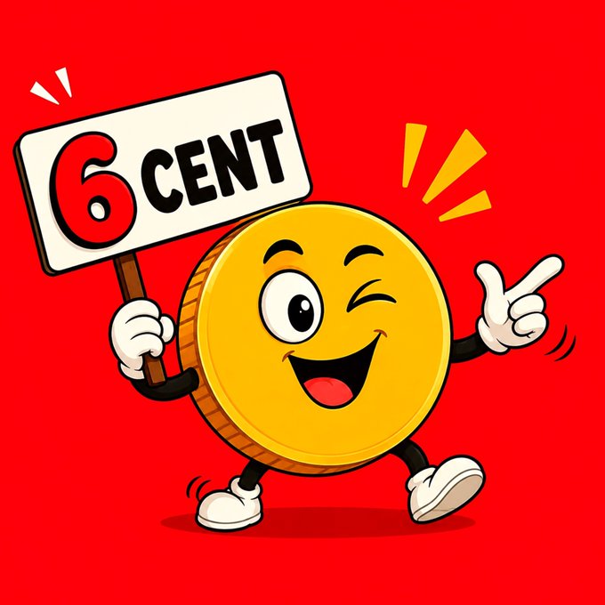 An animated gold coin character winks and points excitedly while holding a "6 CENT" sign against a red background. The image humorously highlights $BTW's current low price of 6 cents, emphasizing the poster's confident, long-term outlook despite short-term volatility.