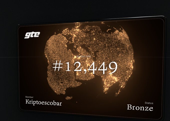A digital membership card for GTE showing member 'Kriptoescobar' with rank #12,449 and Bronze status, featuring a glowing world map background in gold/orange tones.