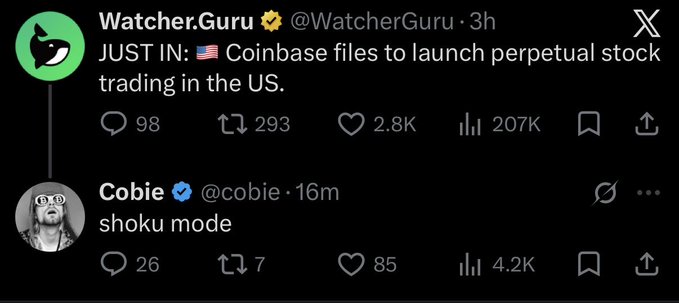 The image shows a screenshot of two X (formerly Twitter) posts: the first from @WatcherGuru announcing "JUST IN: 🇺🇸 Coinbase files to launch perpetual stock trading in the US" (with 98 replies, 293 retweets, and 2.8K likes), and a reply from @cobie (verified) commenting "shoku mode" (26 replies, 7 retweets, 85 likes), humorously referencing Japanese culinary culture. The accompanying post about "Coinbase x Hyperliquid coded" suggests the exchange's push into perpetual contracts signals a competitive move toward the perpetuals trading model popularized by Hyperliquid.