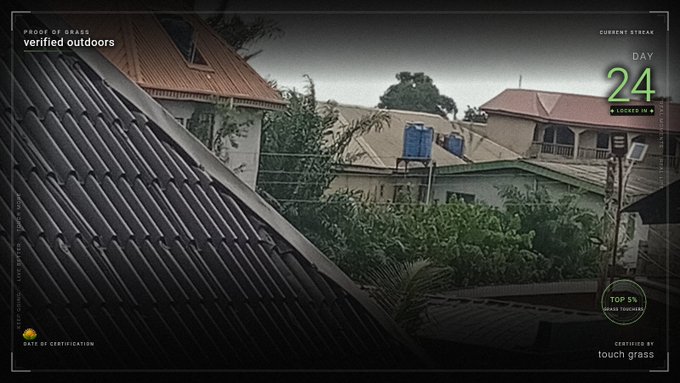 A dark, moody view of rooftops and vegetation framed by UI overlays reading 'PROOF OF GRAZE verified outdoors', 'CURRENT STREAK DAY 24', 'LOCATED IN', and 'CERTIFIED BY touch grass' with a 'TOP 5% GRAZERS PROGRESS' indicator.